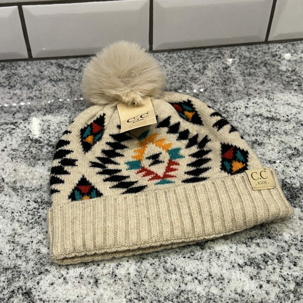 CC Kids Exclusive Soft Aztec‎ Southwest Pattern Beanie Stocking Hat Faux Fur Pom